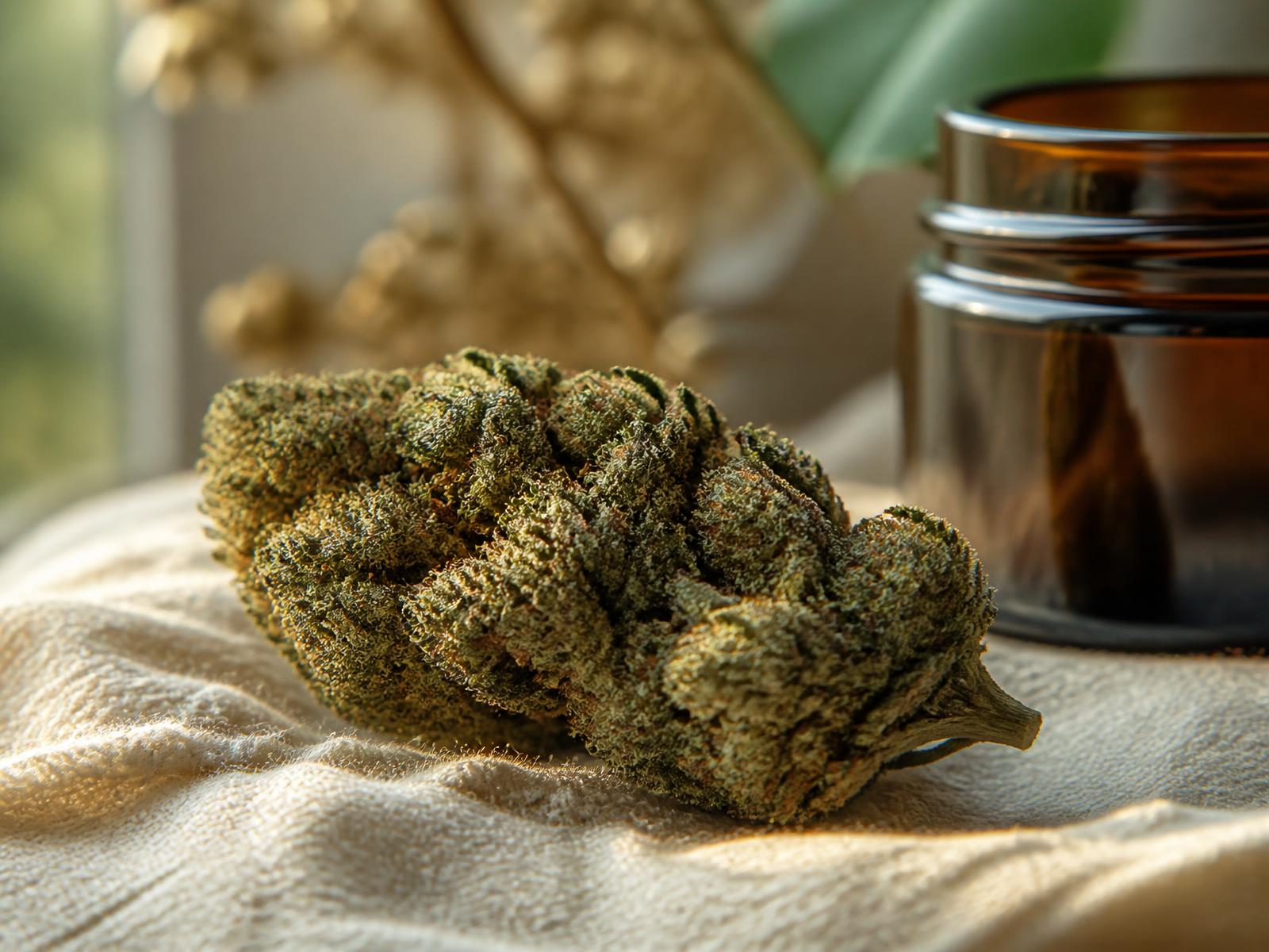 Cured THCA hemp flower in natural light