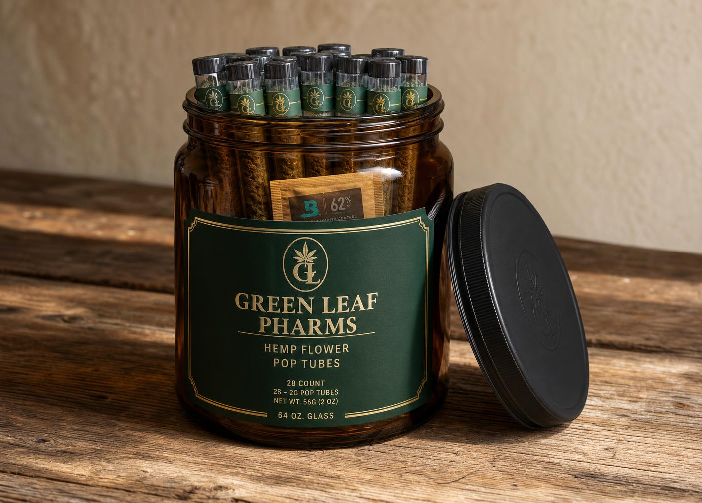 64oz stock jar · 28ct — Green Leaf Pharms packaging