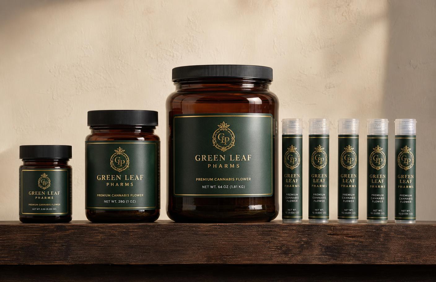 Full lineup of Green Leaf Pharms jars and pop tubes on a walnut shelf
