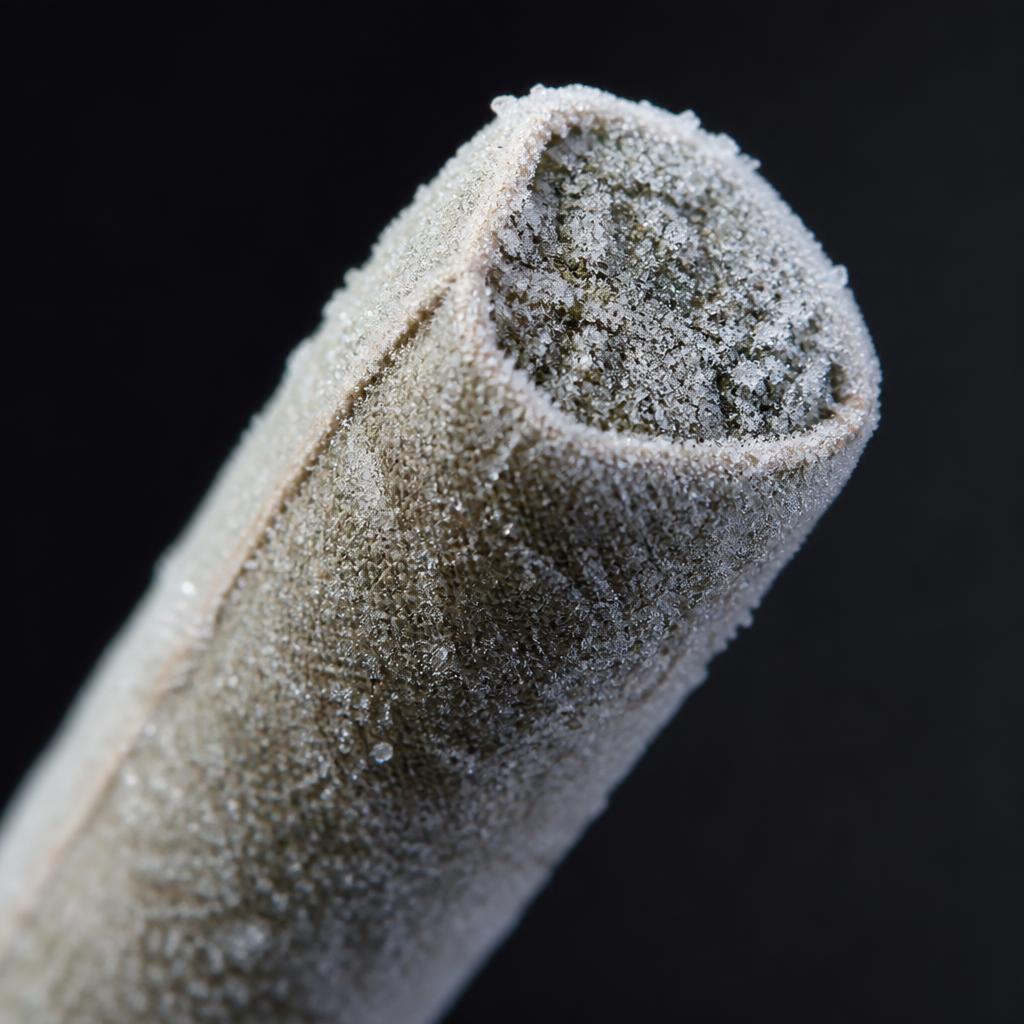 Macro detail of the hemp-fiber cone tip coated in crystalline frost