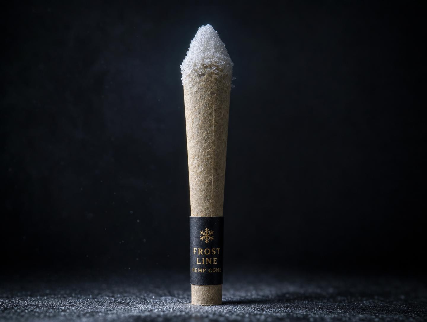 TheVP Snow Cone hemp pre-roll standing upright with a frosted crystalline tip and black and gold brand band