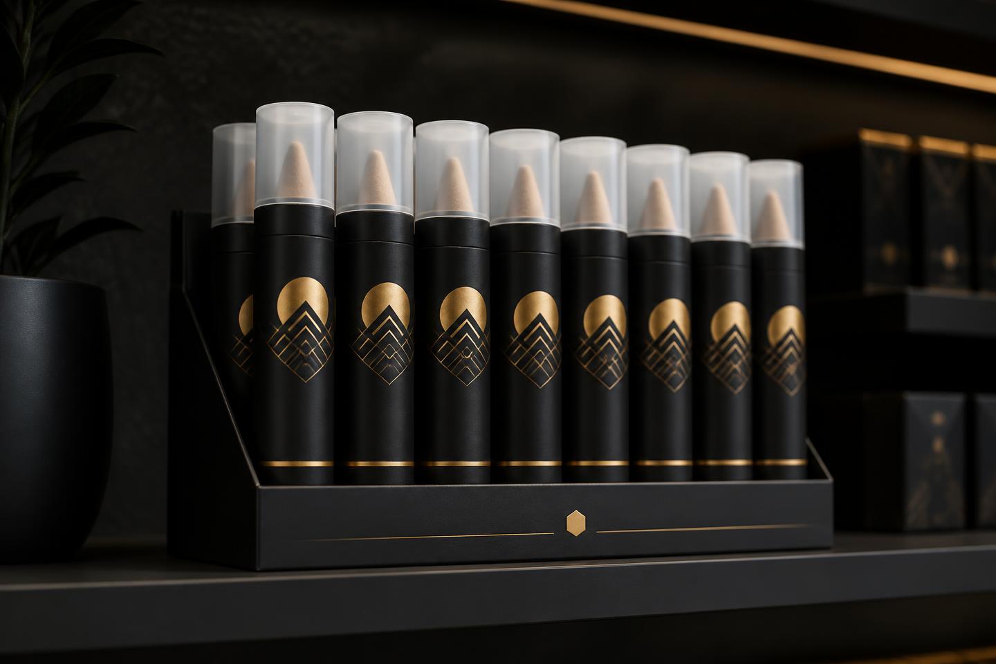 TheVP Snow Cone single-cone tubes arranged in a matte black counter display on an upscale retail shelf